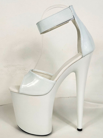 ハイヒールセクシーサンダルホワイトPUレザーオープントゥスチレットヒールスカイハイヒールアンクルストラップヒール ポールダンスシューズ