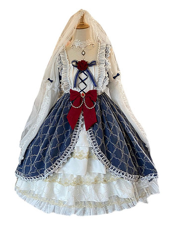 ロリータ ドレス ポリエステル スウィート リボン フリル 長袖 ドレス チェック柄パターン ロリータ ドレス