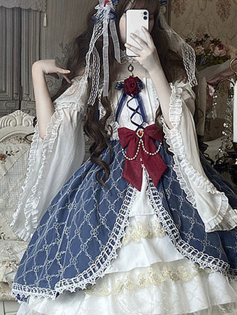 Vestido Sweet Lolita OP de mangas compridas de poliéster laço de dois tons em xadrez de renda padrão Lolita vestido de uma peça
