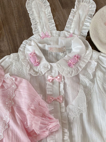 White Sweet Lolita Blouses Pink Long Sleeves Lace Lolita Top Bow Lolita Shirt
