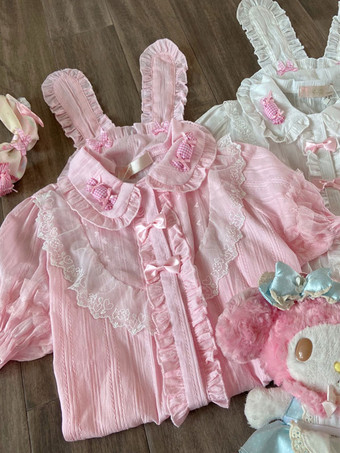 Sweet Lolita Blouses Pink Long Sleeves Lace Lolita Top Bow Lolita Shirt