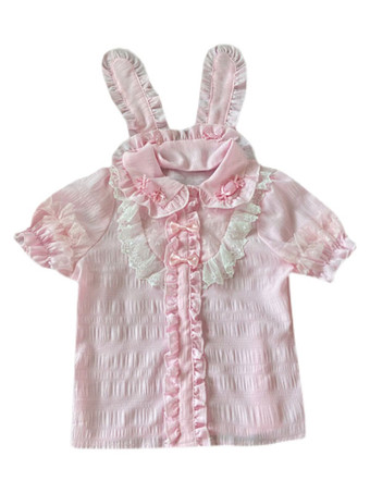 Sweet Lolita Blouses Pink Long Sleeves Lace Lolita Top Bow Lolita Shirt