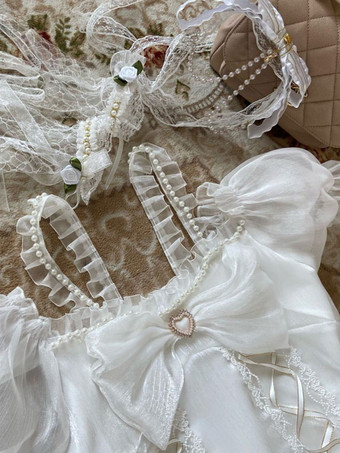 姫ロリドレス 甘ロリ フリル 半袖 クラシカルロリータ クラロリ 半袖 ワンピース 膝丈 可愛い リボン レース 白