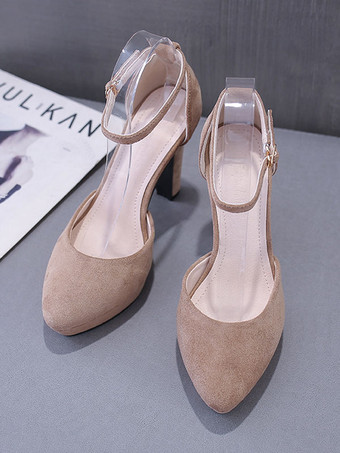 ストラップヒール アーモンドトゥ チャンキーヒール アンクルストラップ 女性 ブラック