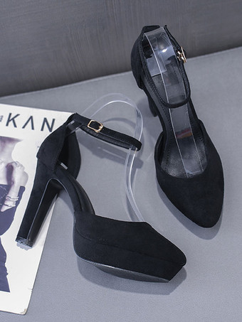 ストラップヒール アーモンドトゥ チャンキーヒール アンクルストラップ 女性 ブラック