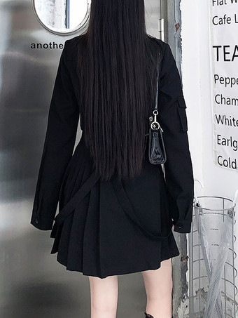 Gothic Lolita Outfitte Black Metallic Gommmommets Cains Manica lunga Camicia Gonna lunga 2 pezzi