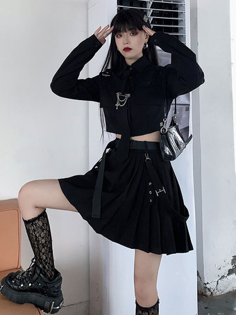 Nero Gothic Lolita Outfitte Black Metallic Gommmommets Cains Manica lunga Camicia Gonna lunga 2 pezzi