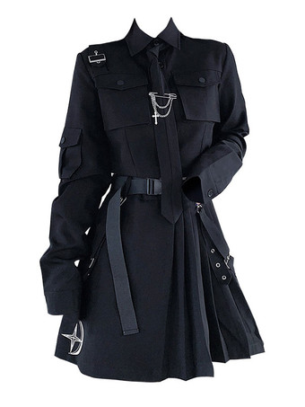 Gothic Lolita Outfitte Black Metallic Gommmommets Cains Manica lunga Camicia Gonna lunga 2 pezzi
