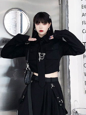 Gothic Lolita Outfitte Black Metallic Gommmommets Cains Manica lunga Camicia Gonna lunga 2 pezzi