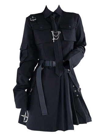 Gothic Lolita Outfitte Black Metallic Gommmommets Cains Manica lunga Camicia Gonna lunga 2 pezzi