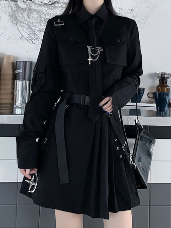 Gothic Lolita Outfitte Black Metallic Gommmommets Cains Manica lunga Camicia Gonna lunga 2 pezzi