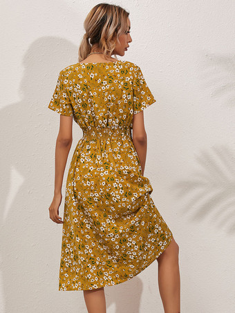 ミディドレスVネック半袖フローラルプリントポリエステルシックなサマードレス