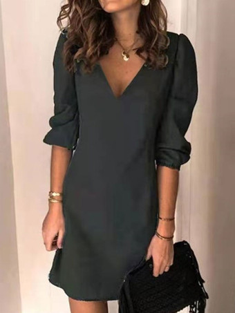 ブラック ミディドレスVネックハーフスリーブポリエステルシンプルライトスカイブルーサマードレス