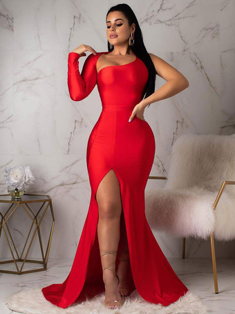 レッド パーティー ドレス ブラック 非対称ネック 長袖 イレギュラー プロム マキシ ドレス