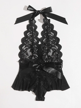 テディランジェリーブラックフローラルプリントレースアップバックレスレース女性セクシーなテディ