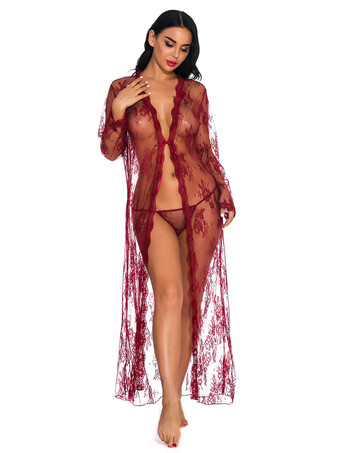 ワインレッド ローブ パンティ セット ランジェリー 女性用 レッド レースアップ 花柄 透けレース セクシー