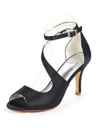 ブラック ウェディングシューズサテンアイボリーオープントゥラインストーンスティレットヒールアンクルストラップヒールブライダルシューズ