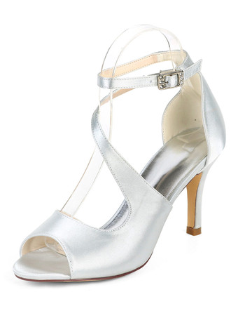 シルバー ウェディングシューズサテンアイボリーオープントゥラインストーンスティレットヒールアンクルストラップヒールブライダルシューズ