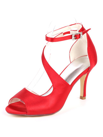 レッド ウェディングシューズサテンアイボリーオープントゥラインストーンスティレットヒールアンクルストラップヒールブライダルシューズ