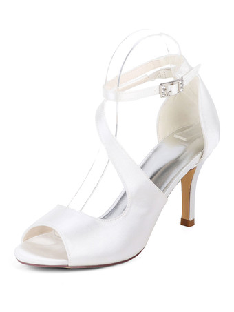 ホワイト ウェディングシューズサテンアイボリーオープントゥラインストーンスティレットヒールアンクルストラップヒールブライダルシューズ