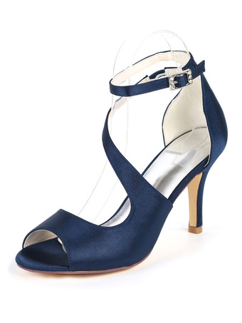 ディープブルーウェディングシューズサテンアイボリーオープントゥラインストーンスティレットヒールアンクルストラップヒールブライダルシューズ