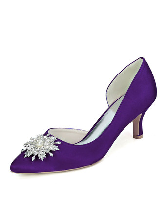 モーブ ウェディングシューズアイボリーサテンパールポインテッドトゥスリップオンキトンヒールブライダルシューズ