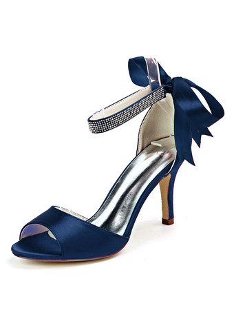 ディープブルーウェディングシューズサテンアイボリーオープントゥラインストーンスティレットヒールアンクルストラップヒールブライダルシューズ