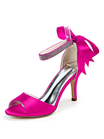 ローズレッドウェディングシューズサテンアイボリーオープントゥラインストーンスティレットヒールアンクルストラップヒールブライダルシューズ