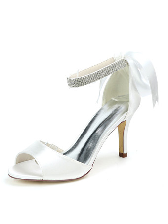 ホワイト ウェディングシューズサテンアイボリーオープントゥラインストーンスティレットヒールアンクルストラップヒールブライダルシューズ
