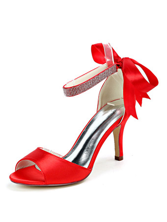 レッド ウェディングシューズサテンアイボリーオープントゥラインストーンスティレットヒールアンクルストラップヒールブライダルシューズ