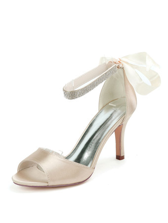 シャンパンカラーウェディングシューズサテンアイボリーオープントゥラインストーンスティレットヒールアンクルストラップヒールブライダルシューズ