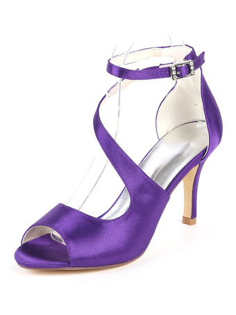 モーブ ウェディングシューズサテンアイボリーオープントゥラインストーンスティレットヒールアンクルストラップヒールブライダルシューズ