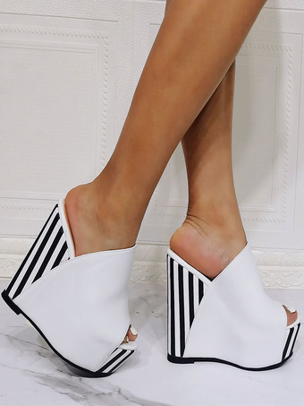 ウェッジサンダル ホワイト オープントゥ PUレザー スリッポン ハイヒール ミュール