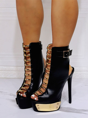 女性のための黒い夏のブーツのぞき見つま先スティレットヒールPUレザーブーツ