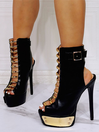 女性のための黒い夏のブーツのぞき見つま先スティレットヒールPUレザーブーツ