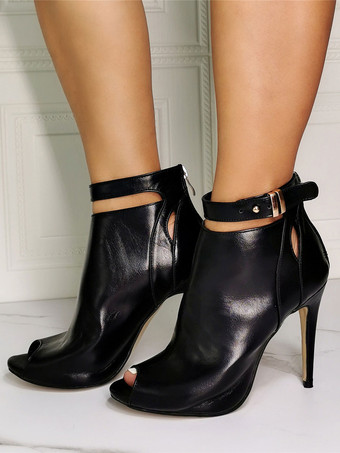ブラックサマーブーツピープトウスティレットヒールPUレザーアンクルストラップヒールブーツ