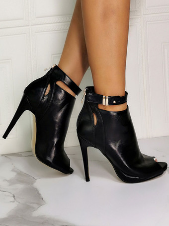 ブラックサマーブーツピープトウスティレットヒールPUレザーアンクルストラップヒールブーツ