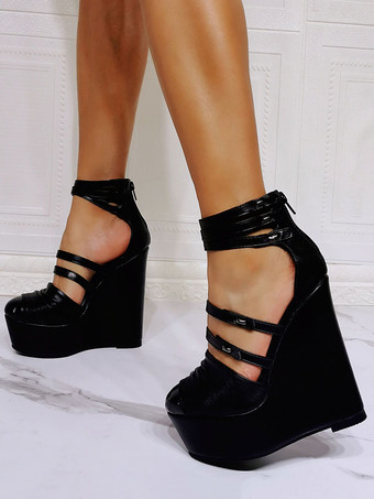 Wedge Sandals Black Closed Toe Stiletto Heel PU Leather Black Ankle Strap Wedge Heels