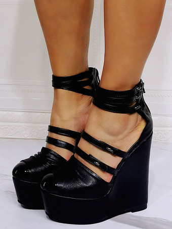 ウェッジサンダルブラッククローズドトゥスティレットヒールPUレザーブラックアンクルストラップウェッジヒール