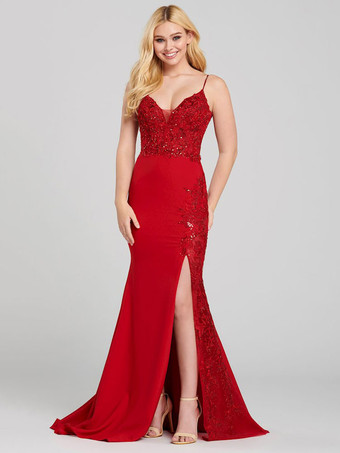 レッド イブニングドレスボールガウンVネック背中の開いたポリエステル床の長さのアップリケライトスカイブルーフォーマルパーティードレス