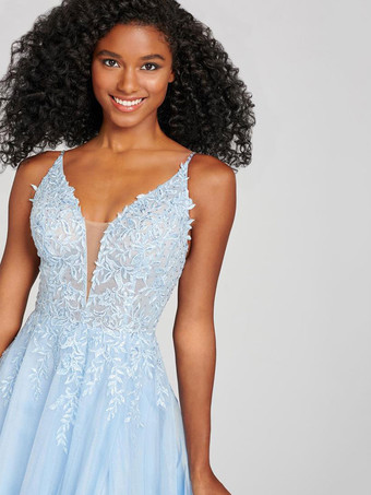 イブニングドレスライトブルー ポリエステル Vネック 夜会服 ノースリーブ バックレス アップリケ フォーマルドレス ウェディングゲストドレス 自由なカスタマイズ