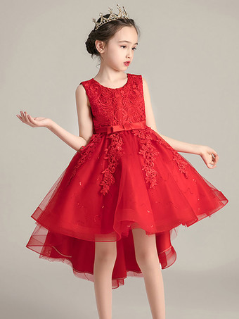 Flower Girl Dresses Jewel Neck Lace Sleeveless Knee-Length A-Line Bows Red Kids Social Party Dresses