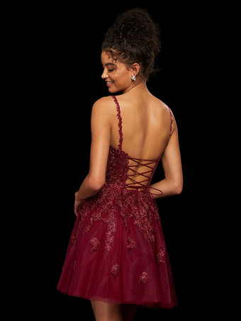 ホームカミングドレスで魅力的なショートAラインVネックアップリケポリエステルカメオブラウンパーティードレス