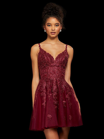 ホームカミングドレスで魅力的なショートAラインVネックアップリケポリエステルカメオブラウンパーティードレス