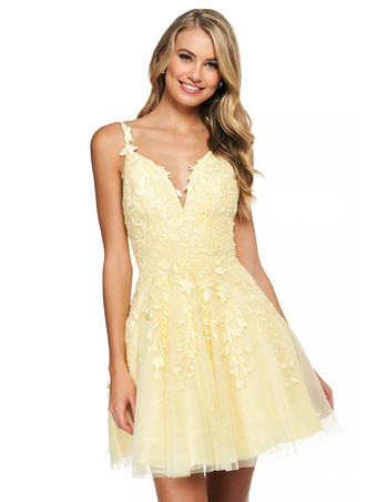イエローホームカミングドレス2025ノースリーブショートAラインVネックレースポリエステルライトブルーパーティードレス