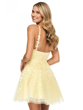 ホームカミングドレス2025ノースリーブショートAラインVネックレースポリエステルライトブルーパーティードレス