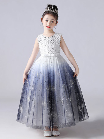 Robes de demoiselle d'honneur Bleu Jewel Neck Sans manches Polyester Tulle Dentelle Polyester Coton Brodé Robes de soirée pour enfants