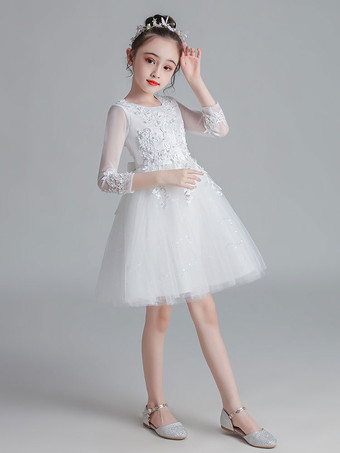 Robes de demoiselle d'honneur blanches col bijou manches 3/4 Tulle polyester coton dentelle brodée robes de soirée pour enfants