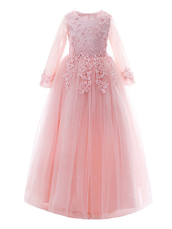 フラワーガールドレスホワイトジュエルネック3/4レングススリーブチュールポリエステルレース刺繡フォーマルキッズページェントドレス