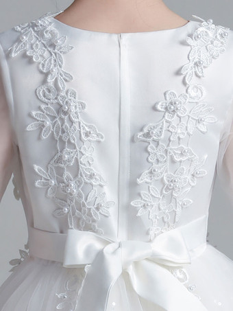 フラワーガールドレスホワイトジュエルネック3/4レングススリーブチュールポリエステルレース刺繡フォーマルキッズページェントドレス